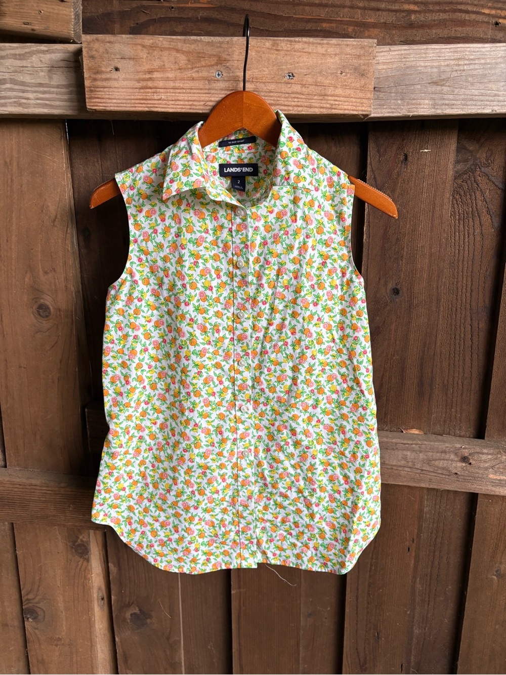Land’s End Citrus Fruit Print Supima Cotton Sleeveless Button Shirt